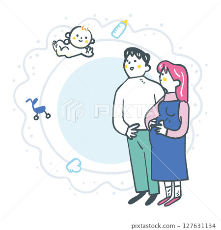 一對年輕夫婦歡迎一個連成一圈的新家庭成員 插畫素材 127631134