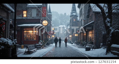 A magical winter village covered in soft snow, twinkling lanterns lighting up cobblestone streets at dusk. 127631154