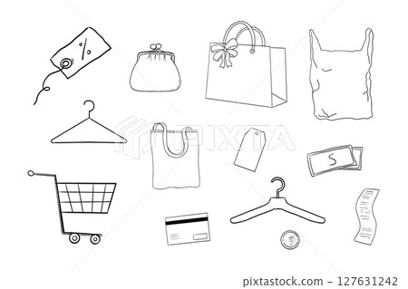 Doodle set of shopping icons cart, bag, basket, gift, coupon, money Sketch style illustrations for ecommerce, sale, delivery, and fashion store themes. Isolated and cute. 127631242