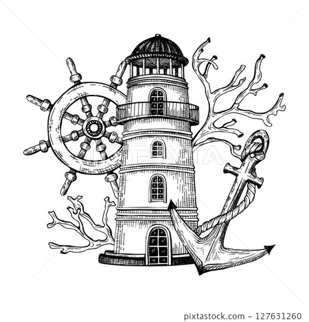 Black and white illustration features a nautical theme with a central lighthouse, a ships steering wheel, an anchor wrapped in rope, coral branches. The detailed line art. Hand drawn graphic sketch 127631260