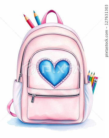 A pink backpack with a blue heart patch, pastel color palette, watercolor texture, cute school supply illustration A pink backpack with a blue heart patch, pastel color palette, watercolor texture, cute school supply illustration 127631303