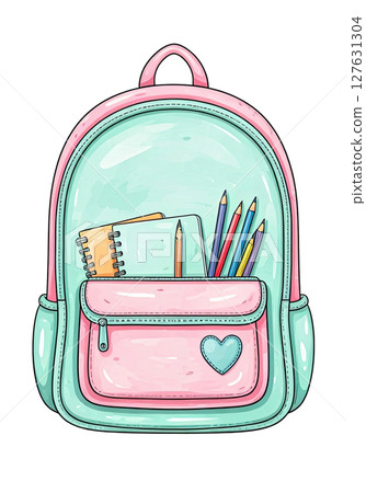 A mint green backpack with a pink heart patch, pastel color palette, watercolor texture, cute school supply illustration 127631304