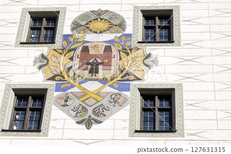 The coat of arms of Munich is depicted  on Marienplatz Square. June 12, 2025 Munich, Germany 127631315