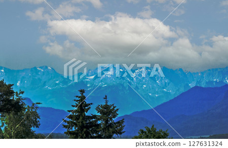 Idyllic Alpine landscape with fir trees and snow-capped mountain peaks in the background Idyllic Alpine landscape with fir trees and snow-capped mountain peaks in the background 127631324
