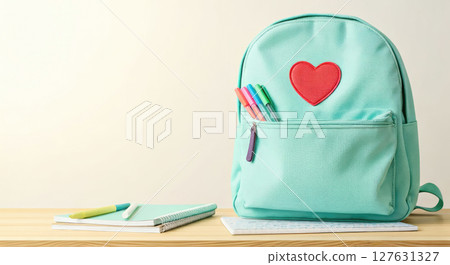 A mint blue backpack with a pink heart patch, pastel color palette, cute school supply A mint blue backpack with a pink heart patch, pastel color palette, cute school supply 127631327