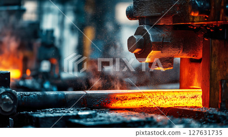 Close up of hot glowing steel being shaped in heavy industrial machinery workshop, molten metal processing under dramatic lighting conditions, realistic scene of high temperature metalwork in factory 127631735