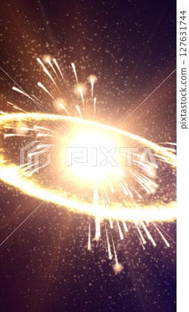 Glowing golden energy burst in space with radiant particles and light streaks 127631744