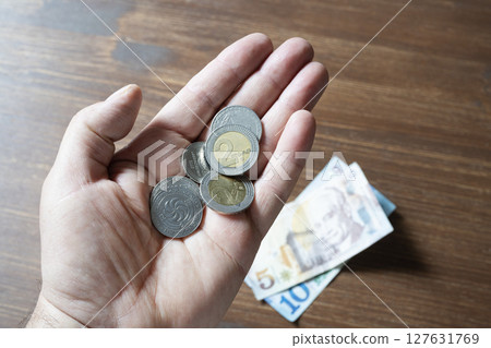 some Georgian Lari banknotes and coins 127631769