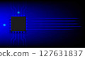Microchip on dark blue background with glowing lines and circuit connections representing digital data and tech innovation. 127631837