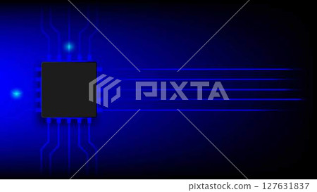 Microchip on dark blue background with glowing lines and circuit connections representing digital data and tech innovation. 127631837