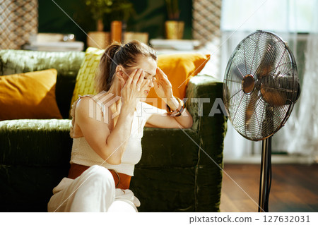 Woman with Heat-Induced Headache at Home Woman with Heat-Induced Headache at Home 127632031