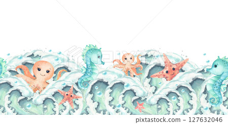 Octopus Starfish Seahorse characters on wave crests seamless border horizontal. Watercolor characters children's illustration. Creatures sea, marine underwater, cartoon style, kids interior sticker 127632046