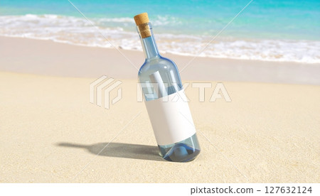 A lost glass bottle with a note of hope washes ashore on a blue summer beach A lost glass bottle with a note of hope washes ashore on a blue summer beach 127632124
