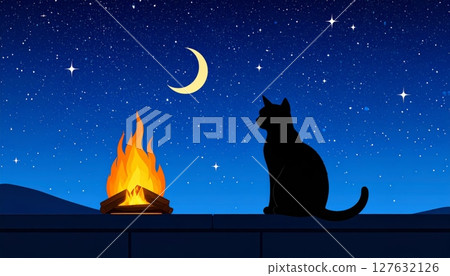 Silhouetted cats gaze at the moon from a rooftop, a loving cartoon illustration against the dark, starry night sky Silhouetted cats gaze at the moon from a rooftop, a loving cartoon illustration against the dark, starry night sky 127632126