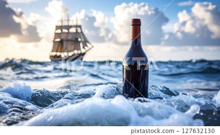 Transparent wine bottle on a white sand beach, perfect for a refreshing celebration Transparent wine bottle on a white sand beach, perfect for a refreshing celebration 127632130