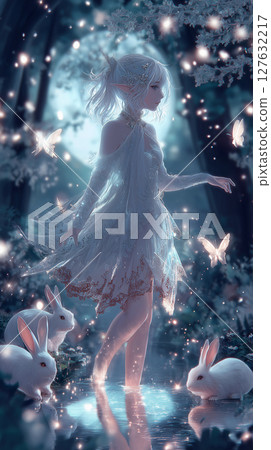 夢幻般的仙女女孩和兔子 夜晚的森林的幻想插畫素材 127632217