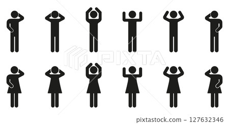 Silhouette People In Various Poses Icon Set. Human Figures Expressing Different Emotions And Gestures Solid Symbol Collection. Communication And Body Language. Isolated Vector Illustration 127632346