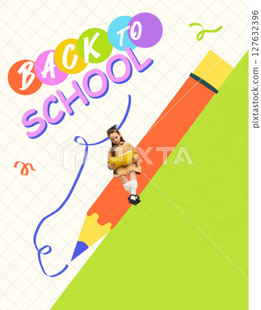 Back to school poster with schoolgirl sits on a giant pencil reading a yellow book Back to school poster with schoolgirl sits on a giant pencil reading a yellow book 127632396