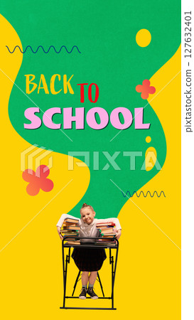 Colorful visual poster. Girl leaning on school desk filled with stacked books over yellow background Colorful visual poster. Girl leaning on school desk filled with stacked books over yellow background 127632401