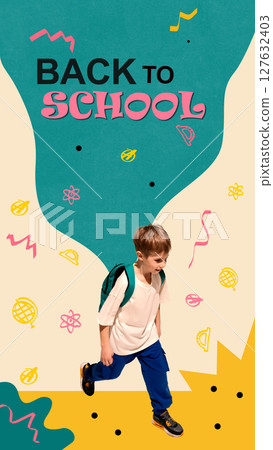 Young boy walking with backpack on vibrant abstract educational background. Back-to-school design 127632403