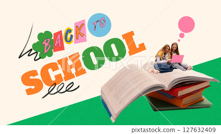 Bright collage. Two girls sitting on giant books using pink laptop with thought bubble above 127632409