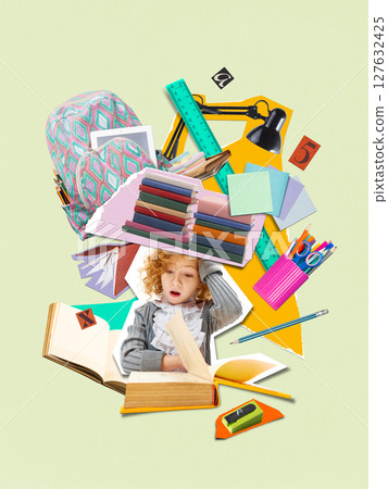Dynamic visual collage. Tired girl in homework mess. back to school posters Dynamic visual collage. Tired girl in homework mess. back to school posters 127632425