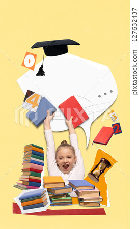 Colorful vertical poster of smiling girl lifts books with graduation cap and school items around Colorful vertical poster of smiling girl lifts books with graduation cap and school items around 127632437