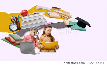 Conceptual collage about children learning with books, tech and graduation cap Conceptual collage about children learning with books, tech and graduation cap 127632441