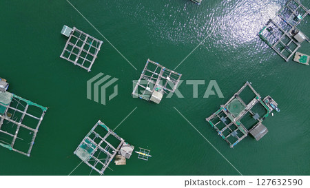 Fish farm with cages for fish and shrimp Fish farm with cages for fish and shrimp 127632590
