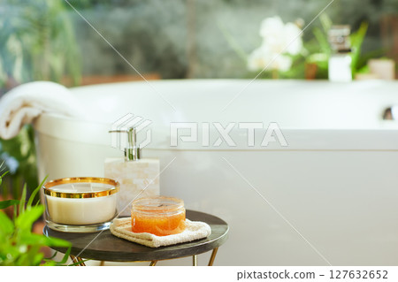 Curated Bath and Self-Care Essentials on Side Table Curated Bath and Self-Care Essentials on Side Table 127632652