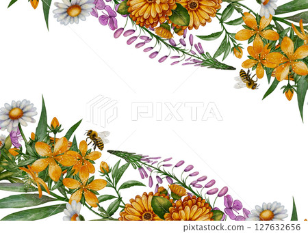 Wildflower frame with bees and marigolds 127632656