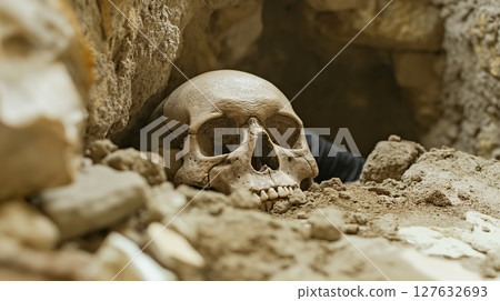 Human skull in a sandy excavation site. 127632693