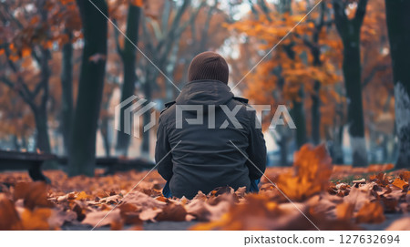 Person sitting among autumn leaves. 127632694
