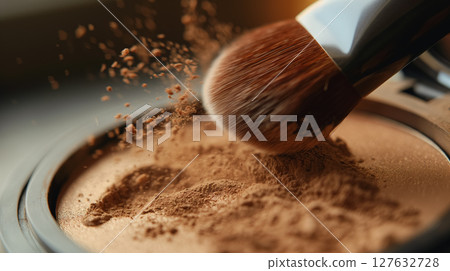 Makeup brush dusting off powder close-up. Makeup brush dusting off powder close-up. 127632728