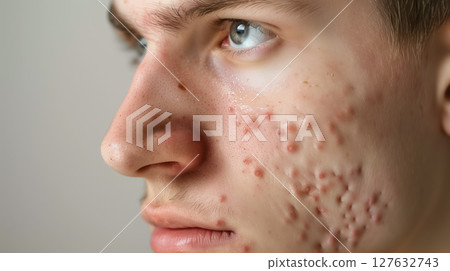 Man's profile with severe acne on skin. 127632743