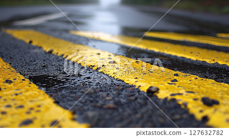 Wet road with bright yellow line markings. 127632782