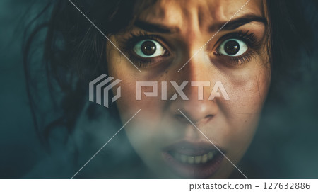 Frightened woman's face emerging from mist. Frightened woman's face emerging from mist. 127632886
