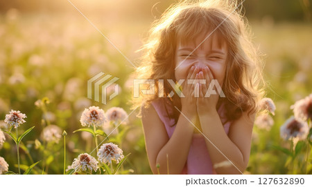 Joyful child in sunlit flowers. 127632890