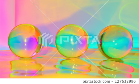 Iridescent spheres reflecting colorful light. 127632996