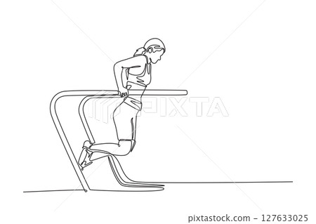 Continuous one line drawing professional female gymnast doing strength and balancing exercise on parallel bars in championship gymnastics artistic. Single line draw design vector graphic illustration 127633025