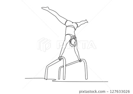 Single one line drawing female gymnast performing on parallel bars competition gymnastics. Young girl athlete doing complicated exciting trick. Continuous line draw design graphic vector illustration 127633026