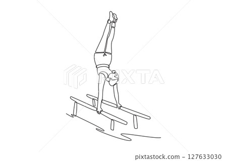 Continuous one line drawing woman athlete doing handstand on parallel bars in professional gym. Beauty sportswoman perform stunt in sports clothes. Single line draw design vector graphic illustration 127633030