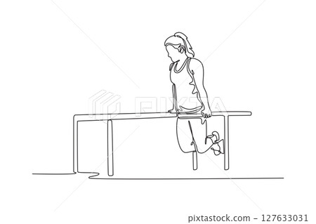 Single one line drawing beauty female gymnast exercising on parallel bars in modern health club. Strong gymnast perform stunt in sports clothes. Continuous line draw design graphic vector illustration 127633031
