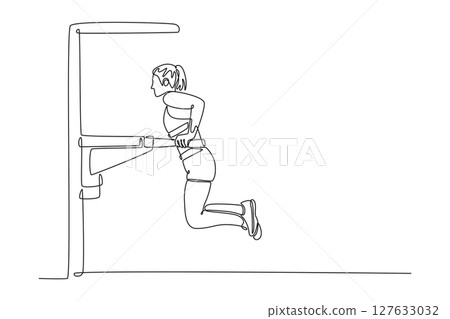 Continuous one line drawing female gymnast training in gym, flexible and power. Athlete in sportswear practicing in exercises for strength, balance. Single line draw design vector graphic illustration 127633032