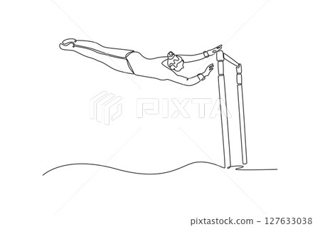 Single continuous line drawing female athlete doing complicated exciting trick on uneven bars in professional gym. Young girl perform stunt in arena. One line draw graphic design vector illustration Single continuous line drawing female athlete doing complicated exciting trick on uneven bars in professional gym. Young girl perform stunt in arena. One line draw graphic design vector illustration 127633038