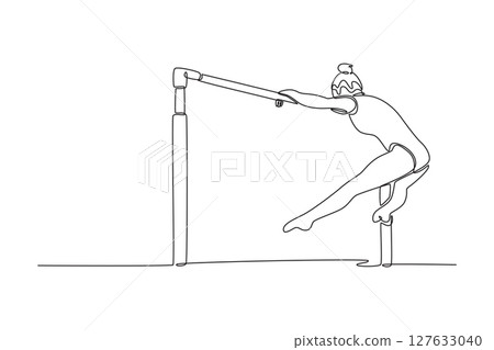 Single one line drawing attractive female gymnast swinging on uneven bars while doing muscle up exercise during calisthenics workout in arena. Continuous line draw design graphic vector illustration 127633040