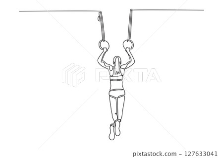 Single one line drawing woman gymnast training in gym, flexible and active. Female athlete in sportswear practicing balance on gymnastics rings. Continuous line draw design graphic vector illustration Single one line drawing woman gymnast training in gym, flexible and active. Female athlete in sportswear practicing balance on gymnastics rings. Continuous line draw design graphic vector illustration 127633041