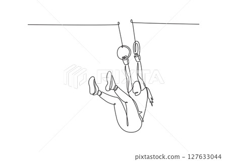 Single one line drawing focused sportswoman practicing stretching exercises on gymnastic rings for hole body dip for abs hands and back in gym. Continuous line draw design graphic vector illustration 127633044