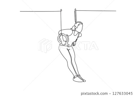 Single one line drawing beauty female athlete doing complicated exciting trick on gymnastic rings in professional gym. Movement, action, motion. Continuous line draw design graphic vector illustration Single one line drawing beauty female athlete doing complicated exciting trick on gymnastic rings in professional gym. Movement, action, motion. Continuous line draw design graphic vector illustration 127633045