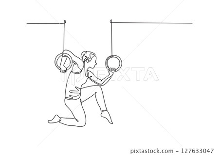 Continuous one line drawing young active strong sweaty athlete muscular fit woman with big muscles doing cross workout training on gymnastics rings. Single line draw design vector graphic illustration 127633047